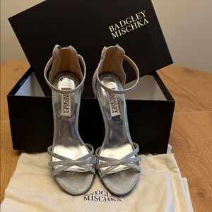 Badgley Mischka Silver Strappy Glitter Ankle-Heel Sandals